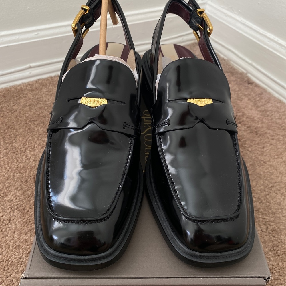 Synthetic patent leather sling back loafers